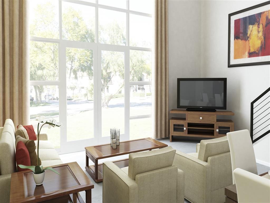 Apartments in San Jose for Rent - Museum Park - Furnished Living Area with Floor-to-Ceiling Windows